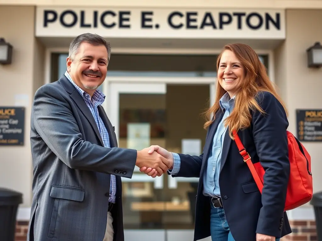 A photo of a friendly Georgia Glucose Foundation representative meeting a seller at a local police station, emphasizing the safety and convenience of the transaction process.